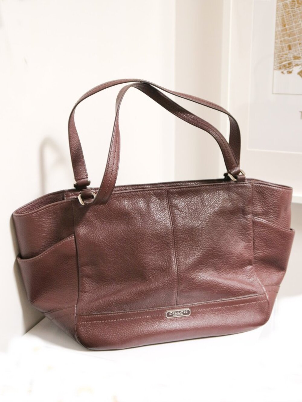 COACH Park Carrie Reddish Brown Pebble Genuine Leather Tote Shoulder Bag EUC